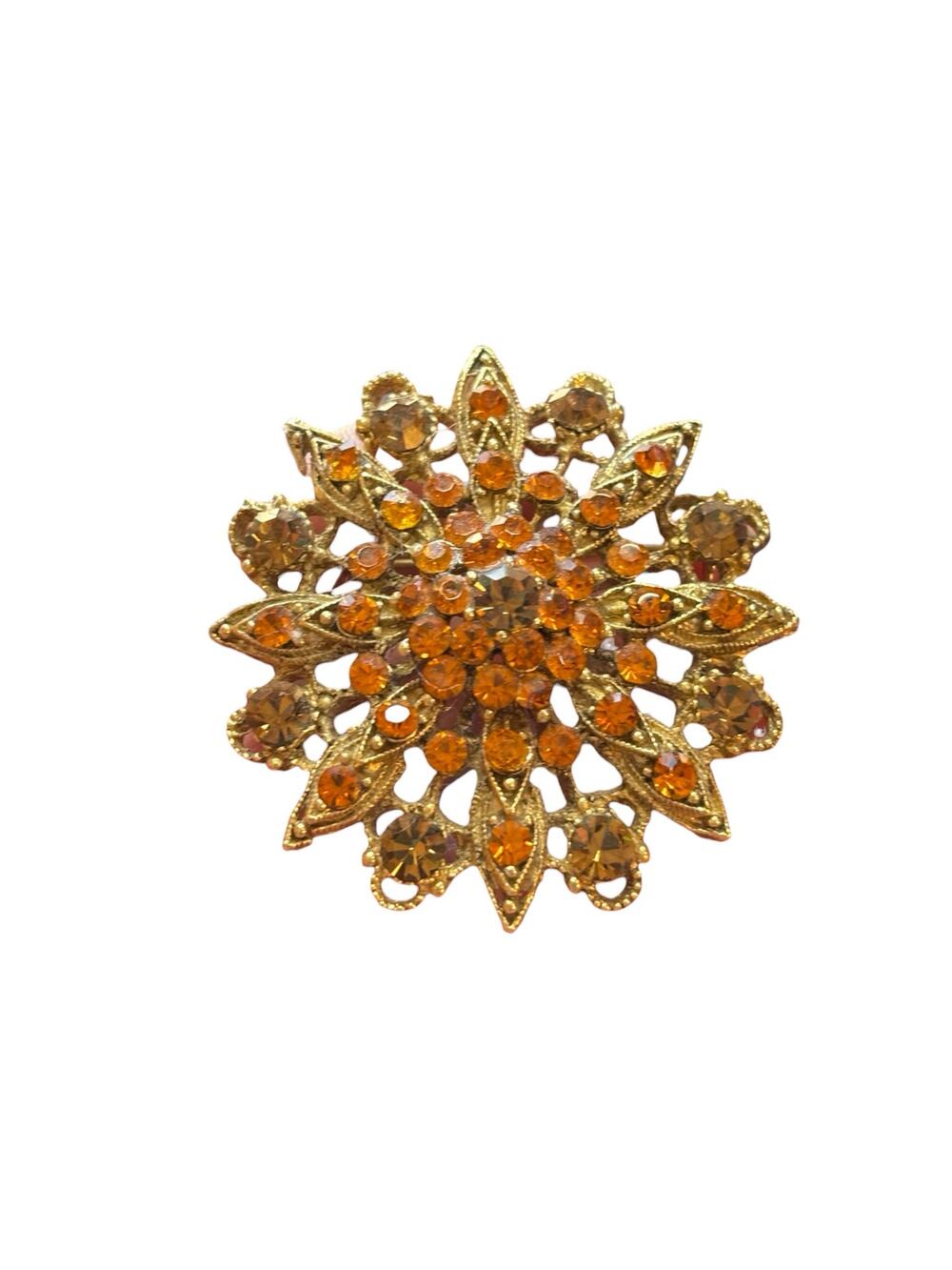 Vintage Amber Rhinestone Starburst Brooch Gold Tone Layered Floral Pin 1950s 60s
